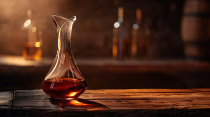 Elegant glass decanter filled with rich amber liquid sits rustic wooden table, illuminated by soft light, creating warm and inviting atmosphere. blurred background features bottles and barrels