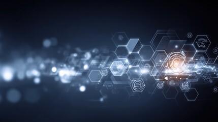 Abstract Digital Network Background with Glowing Nodes, Connections, and Hexagonal Structures for Modern Technology