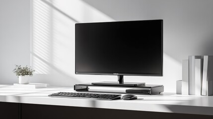 Fototapeta premium Modern Minimalist Workspace Featuring a Computer Setup with Natural Lighting and Clean White Desk