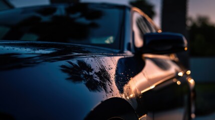Car close-up at dusk reflecting palm trees, showcasing luxury vehicle design and automotive excellence, elegant and modern.
