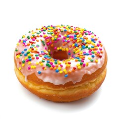 A single glazed donut, topped with colorful sprinkles