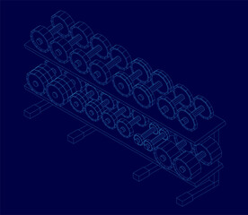 A 3D wireframe model of a dumbbell rack with neatly arranged weights stands out against a solid blue background. The clean white structure contrasts sharply with the vibrant backdrop.
