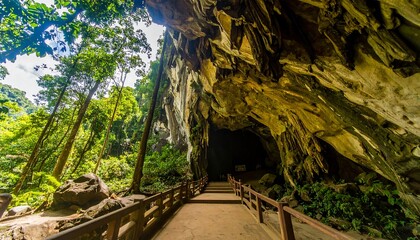 Obraz premium Lush foliage surrounds a cave entrance.