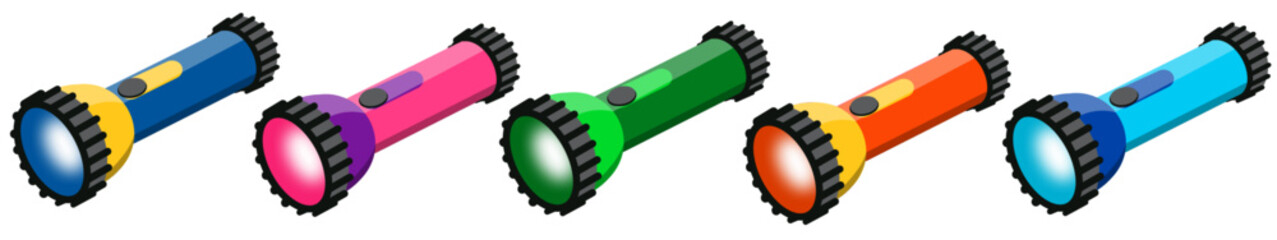 Set of flashlight in different colors isolated on white background. Electric light torch set in EPS format. Outdoors elements for adventure, camping, and traveling. 