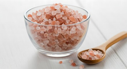 A clear bowl filled with pink himalayan salt next to a wooden spoon on a white wooden surface top view