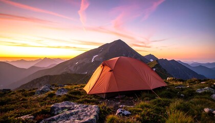 Camping Tent on Mountain Ridge at Sunset with Colorful Sky View