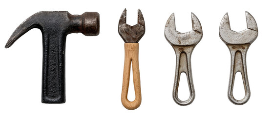 A collection of various hand tools including a hammer and wrenches on a transparent background