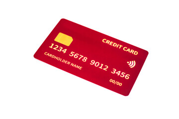 Isolated Red Credit Card with Chip and Contactless Payment Symbol on White Background