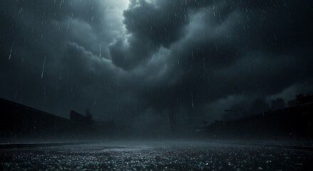An intensely atmospheric and dramatic scene of a powerful thunderstorm with torrential rain pouring down on an empty stadium at night.