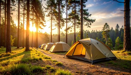 Camping Tents in Forest at Sunrise Outdoor Adventure Scene
