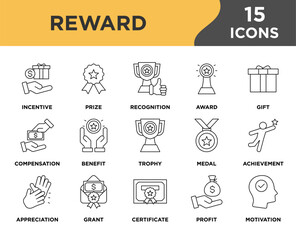 Reward icon collection set. Containing incentive,prize,recognition,award,gift,gratification,benefit,trophy,medal,achievement icon. Simple line vector.