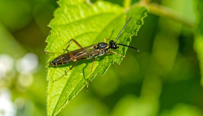 Close-up of a wasp-like insect on a leaf.