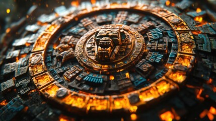 Fototapeta premium Intricate stone disc, Mayan-style glyphs, fiery edges. Ancient, mystical design