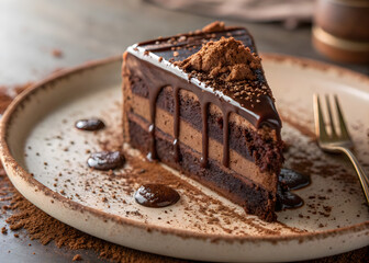 Slice of rich chocolate cake with layers, ganache topping, and cocoa powder on ceramic plate
