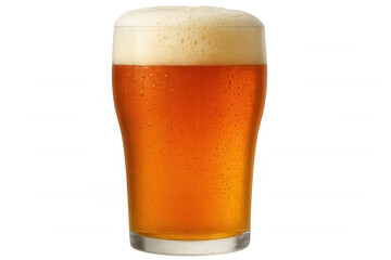 Frosty amber beer in pint glass, white foam head glistening against transparent backdrop
