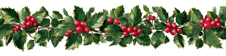 Obraz premium Holiday holly garland with bright red berries and lush green leaves