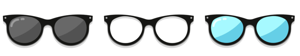 Different style of glasses isolated on white background. 3 Different type of sunglasses with black, transparent, and blue lens. Eyeglasses vector illustrations in EPS format. 