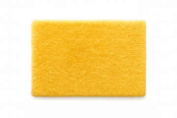 Plush yellow rectangular rug lying flat, soft textile with bright hue providing cozy home decor accent on clean transparent surface