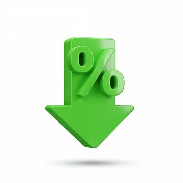 Green Percentage Reduction: A vibrant green arrow points downwards, symbolically representing a reduction or decrease in percentage, isolated against a clean backdrop.
