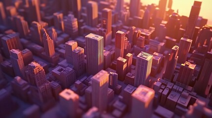 Obraz premium Aerial view of a miniature city model with buildings and streets bathed in warm sunset light glow effect