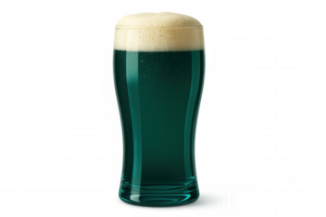 Green beer overflowing frosty glass, creating thick white foam against transparent backdrop, celebrating st. Patrick's festivity