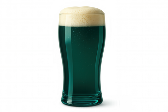 Green beer overflowing frosty glass, creating thick white foam against transparent backdrop, celebrating st. Patrick's festivity