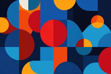 Obraz premium Vibrant geometric shapes in a bold color palette. A dynamic, abstract composition of circles, squares, and rectangles in vibrant hues of red, blue, orange, and yellow. 