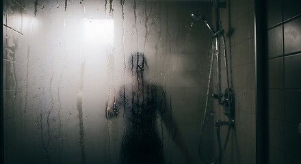 Eerie silhouette of a person standing behind a steamy, wet glass shower door in a dark bathroom, creating a suspenseful atmosphere.