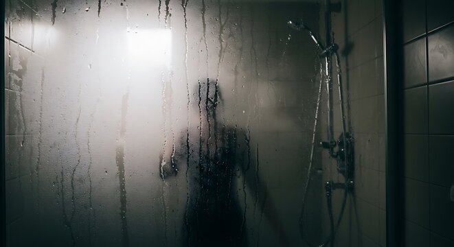 Eerie silhouette of a person standing behind a steamy, wet glass shower door in a dark bathroom, creating a suspenseful atmosphere.