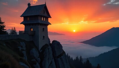 A tower house perched atop a rocky cliff overlooking a valley filled with fog during a vibrant sunset