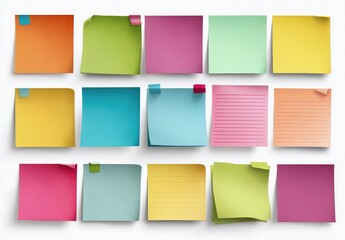 Assorted colorful sticky notes arranged on a white background