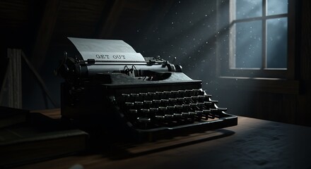 A mysterious message on an old typewriter bathed in a cinematic ray of light in a dusty, forgotten attic creating a suspenseful atmosphere.