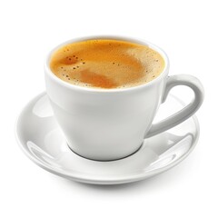 A full, white ceramic coffee cup,  filled with rich,  golden-brown espresso,  sitting atop a matching saucer, against a pure white background.  A frothy crema sits atop the espresso
