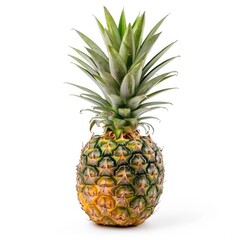 Single pineapple, whole, isolated on white.  Bright yellow-gold rind,  light green crown of leaves.  Fresh,  healthy,  tropical fruit