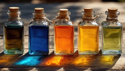 Row of colorful glass bottles with cork tops, tied with string.  Sunlight highlights the liquids inside, casting shadows on a weathered wooden surface