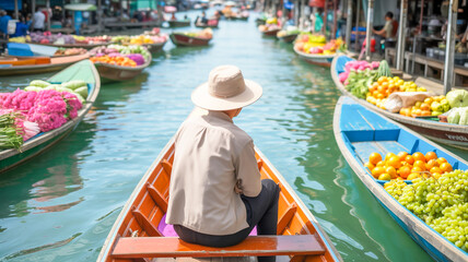Obraz premium A floating market scene with colorful boats lined up against a turquoise water background.