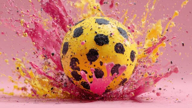 Yellow sphere with black spots, surrounded by vibrant pink and yellow paint splashes - Powered by Adobe