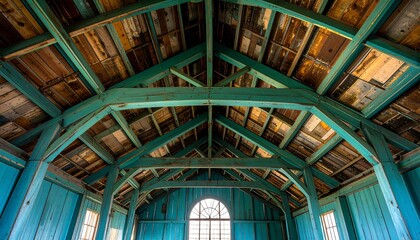 Interior view of a teal-painted wooden building's roof structure.