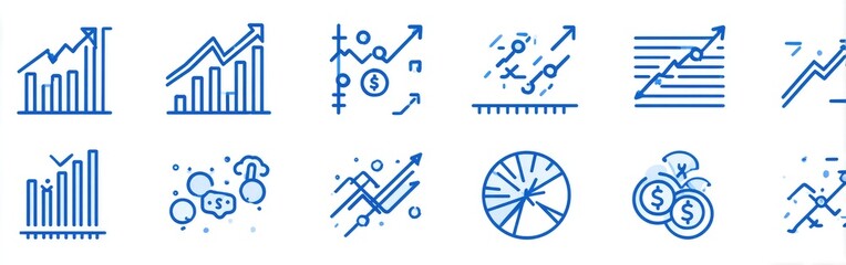Simple, outlined, light-blue financial growth icons.  Set of twelve line art graphics, depicting various financial concepts like bar graphs, line graphs, pie charts.