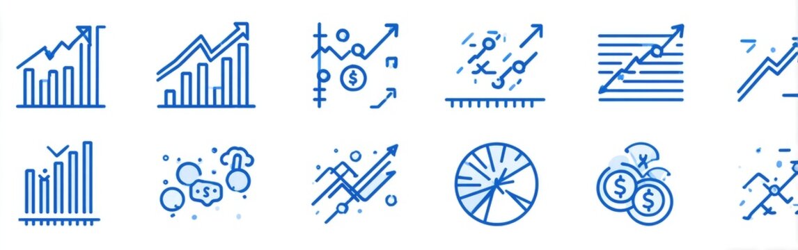 Simple, outlined, light-blue financial growth icons.  Set of twelve line art graphics, depicting various financial concepts like bar graphs, line graphs, pie charts.
