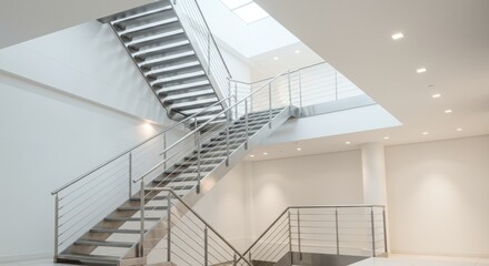Fototapeta premium Modern Steel Staircase in Bright Architectural Building Interior