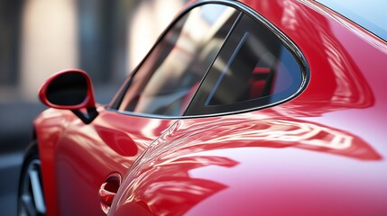 Close up view of a red car showcasing its sleek design and reflective surface in bright sunlight