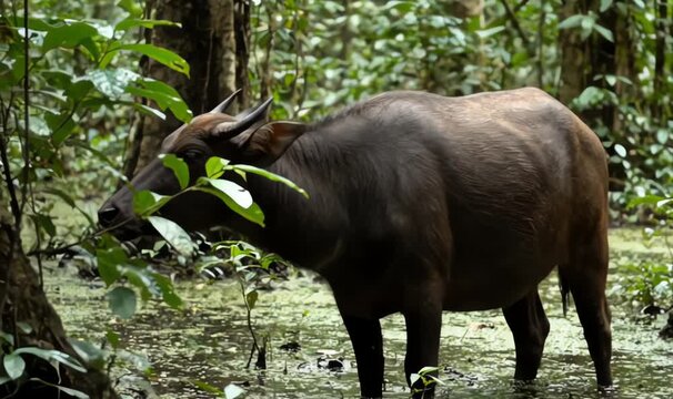 A dark-colored carabao stands in a shallow, swampy area surrounded by lush green foliage and trees.