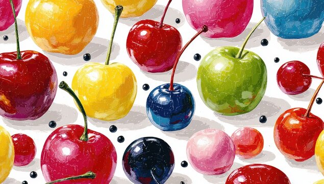 Vibrant, colorful, and stylized depiction of many cherries and berries.  Various shades of bright colors including yellow, red, pink, green, and blue,  arranged in a pattern.  