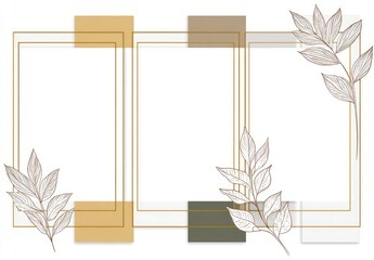 Three white frames, overlaid with gold and muted color rectangles, and adorned with delicate, light-gray line art foliage