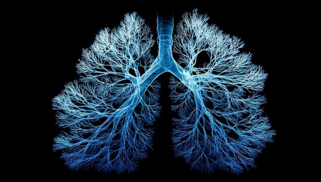 Abstract blue lung anatomy on black, branching structures like tree veins