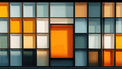 Modern building facade with colorful glass panels