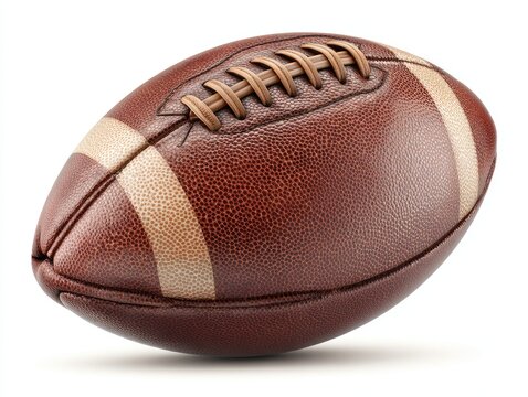 Close-up of a brown leather American football,?stitched seams visible,?on a white background