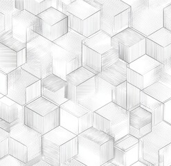 Abstract geometric pattern of overlapping, textured cubes in light gray and white