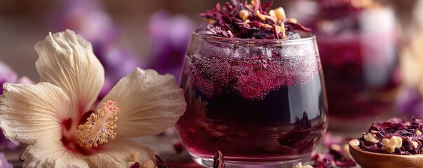 Hibiscus jelly with vitamin flower concept. Beautiful floral drink garnished with edible petals and herbs.